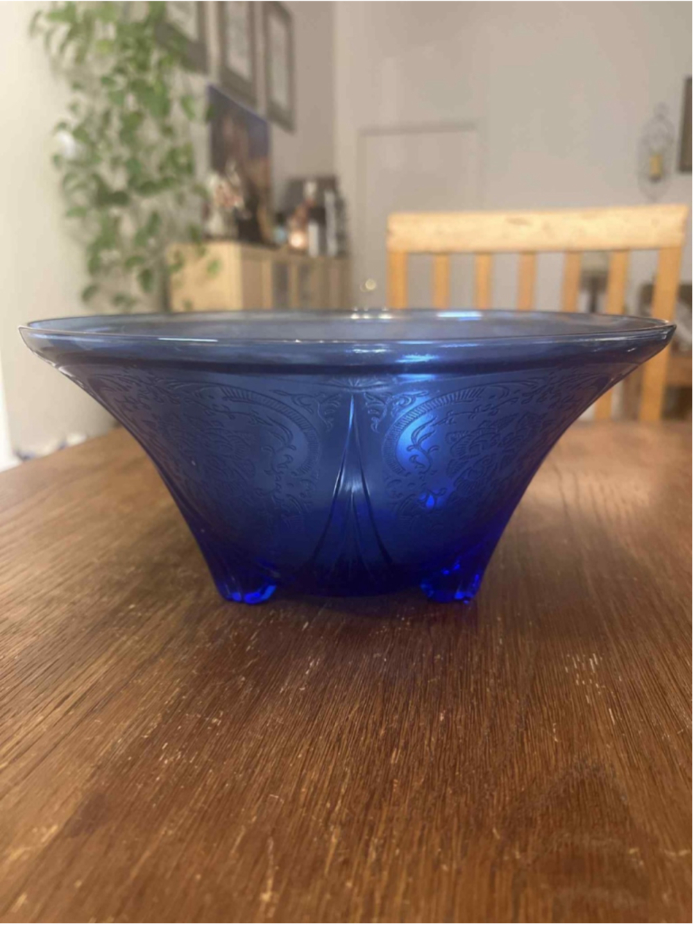 Vintage Hazel-Atlas Cobalt Blue Royal Lace Depression Glass Footed Serving Bowl